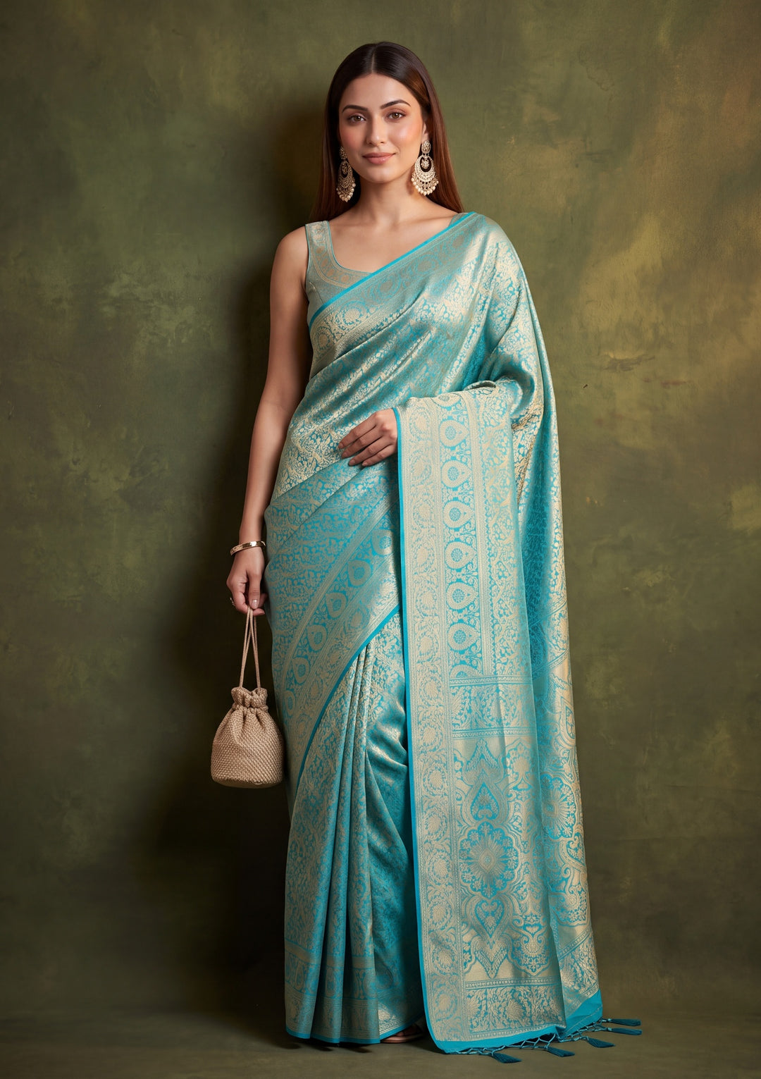 Turquoise Blue Art Silk Jaal Saree With Matching Blouse Piece