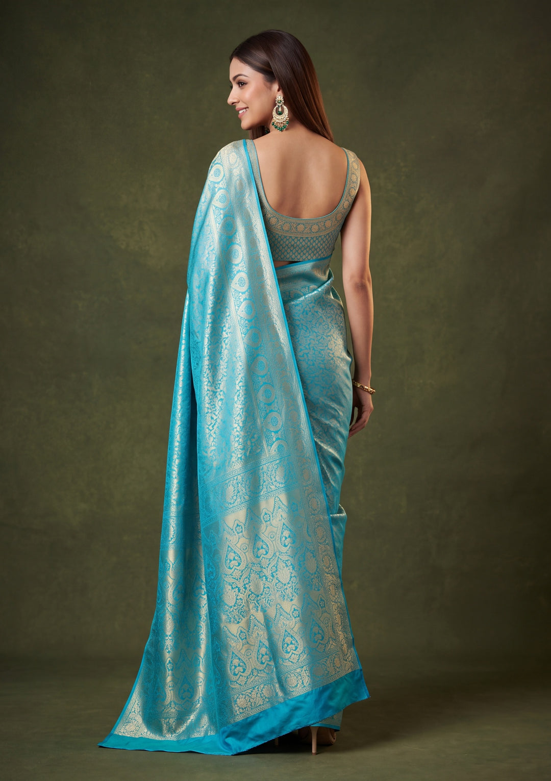 Turquoise Blue Art Silk Jaal Saree With Matching Blouse Piece