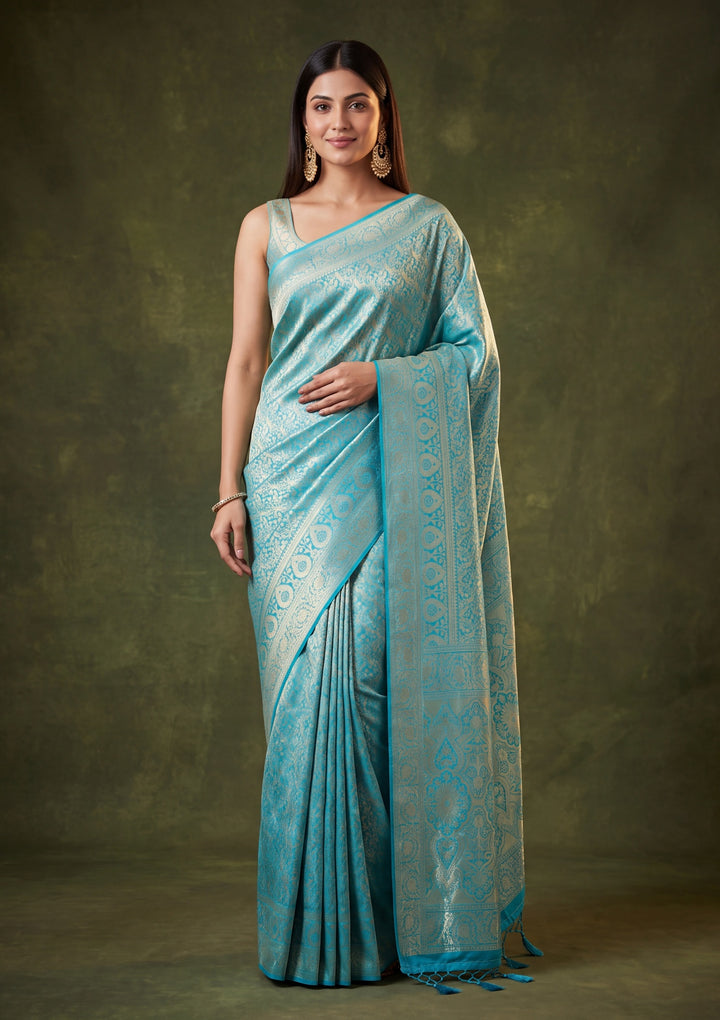 Turquoise Blue Art Silk Jaal Saree With Matching Blouse Piece