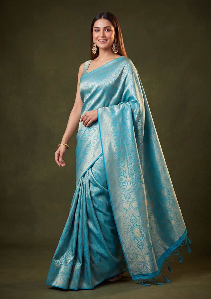 Turquoise Blue Art Silk Jaal Saree With Matching Blouse Piece