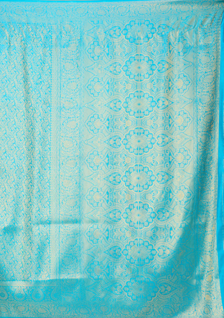 Turquoise Blue Art Silk Jaal Saree With Matching Blouse Piece
