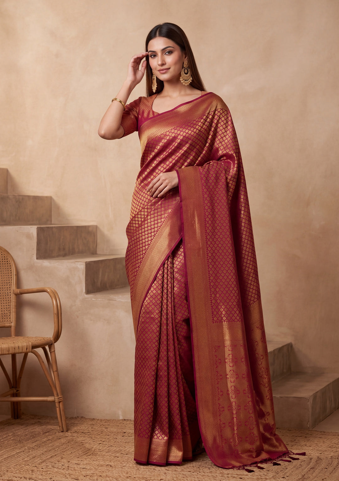 Maroon Silk Jaal Saree With Matching Blouse Piece