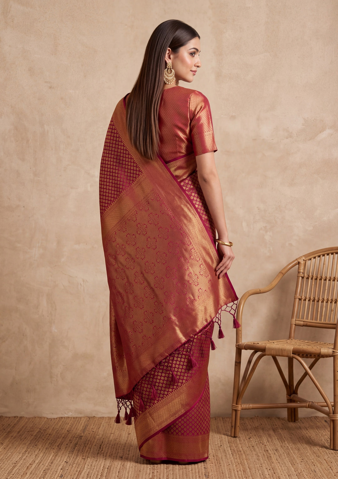 Maroon Silk Jaal Saree With Matching Blouse Piece
