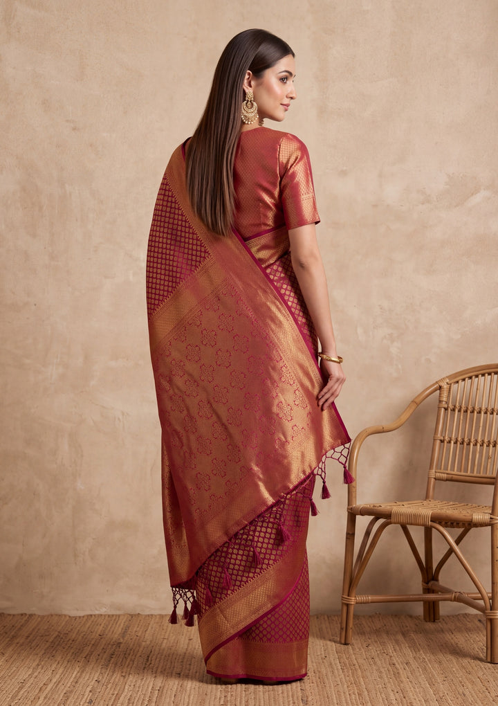 Maroon Silk Jaal Saree With Matching Blouse Piece