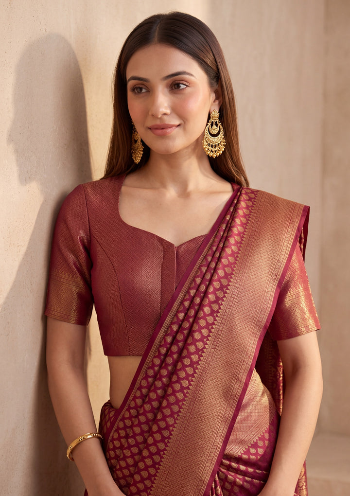 Maroon Silk Jaal Saree With Matching Blouse Piece