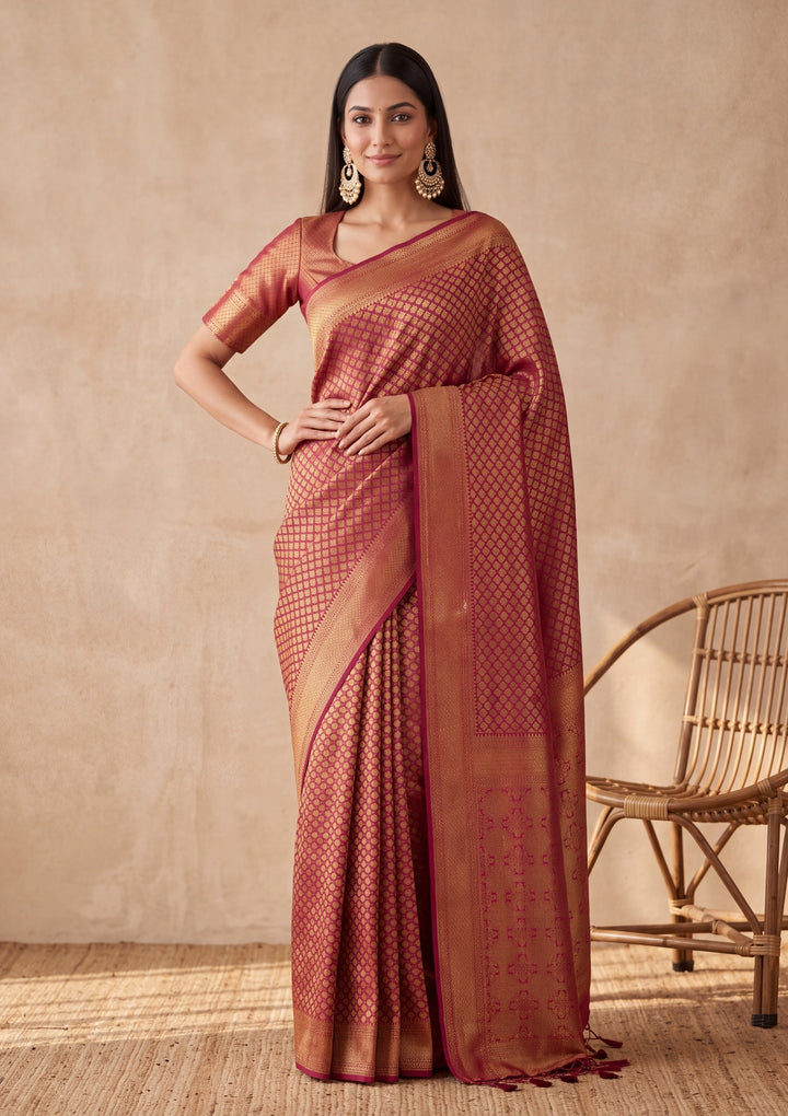Maroon Silk Jaal Saree With Matching Blouse Piece