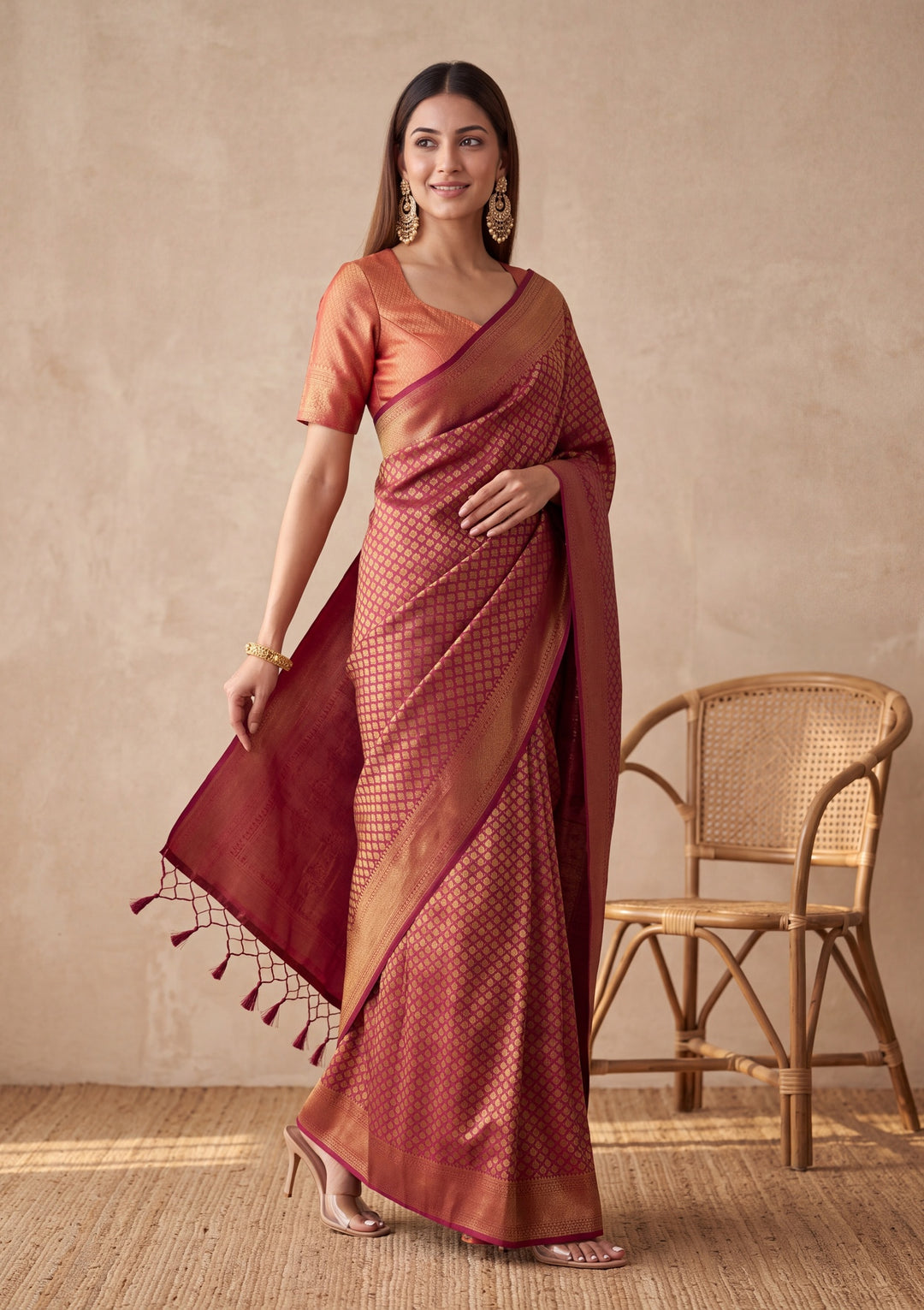 Maroon Silk Jaal Saree With Matching Blouse Piece