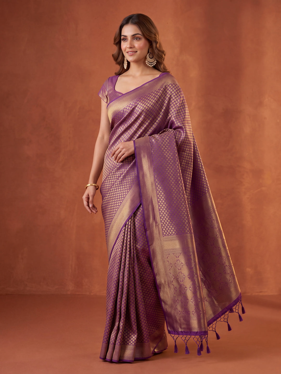 Purple Silk Jaal Saree With Matching Blouse Piece