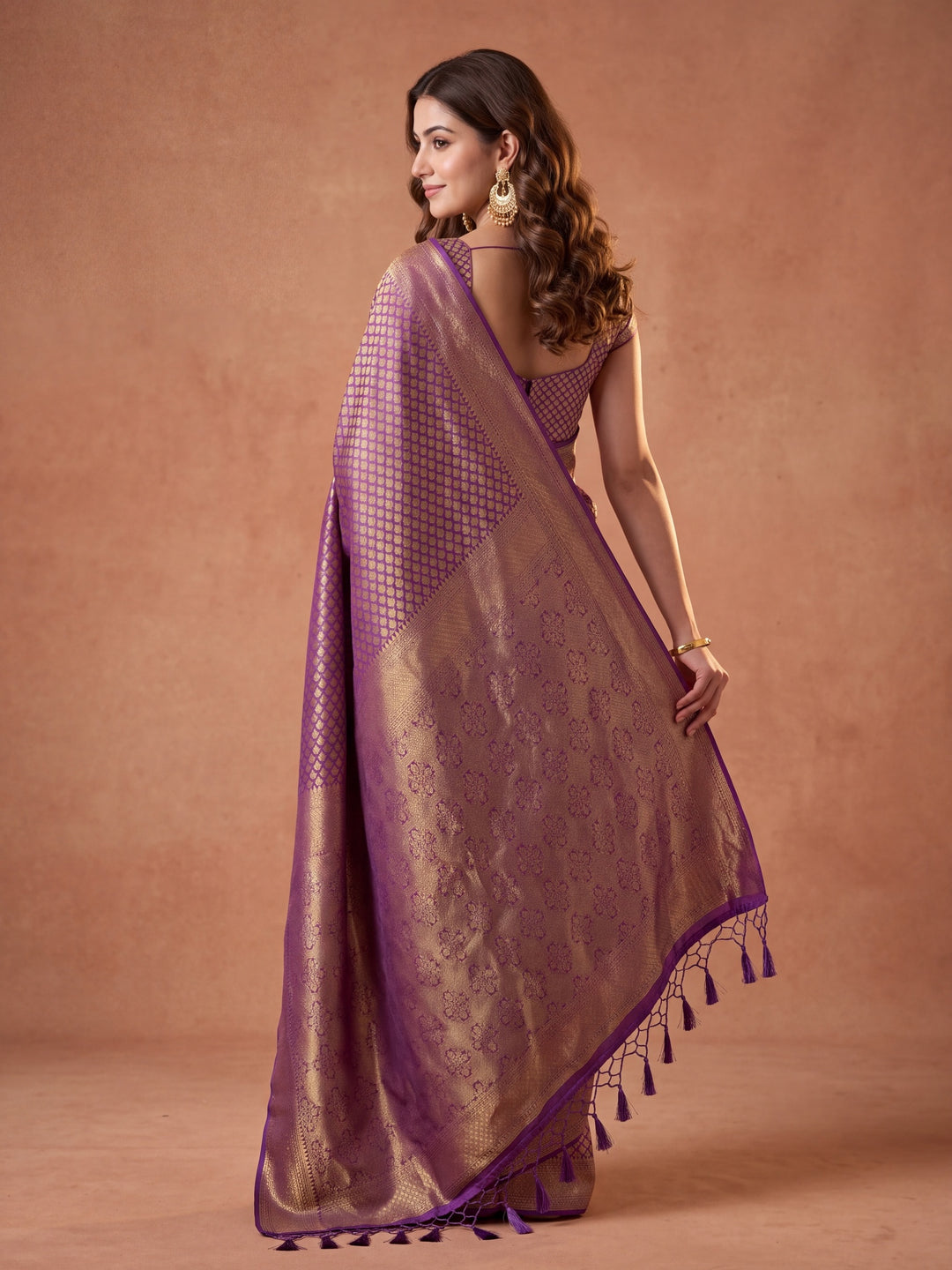 Purple Silk Jaal Saree With Matching Blouse Piece