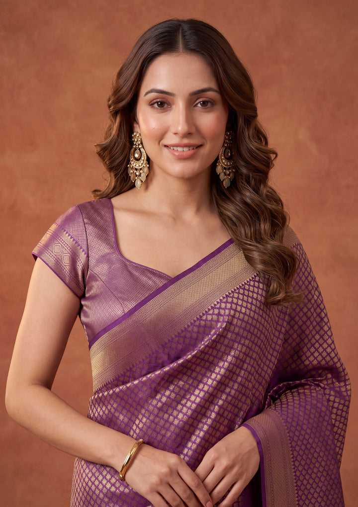 Purple Silk Jaal Saree With Matching Blouse Piece