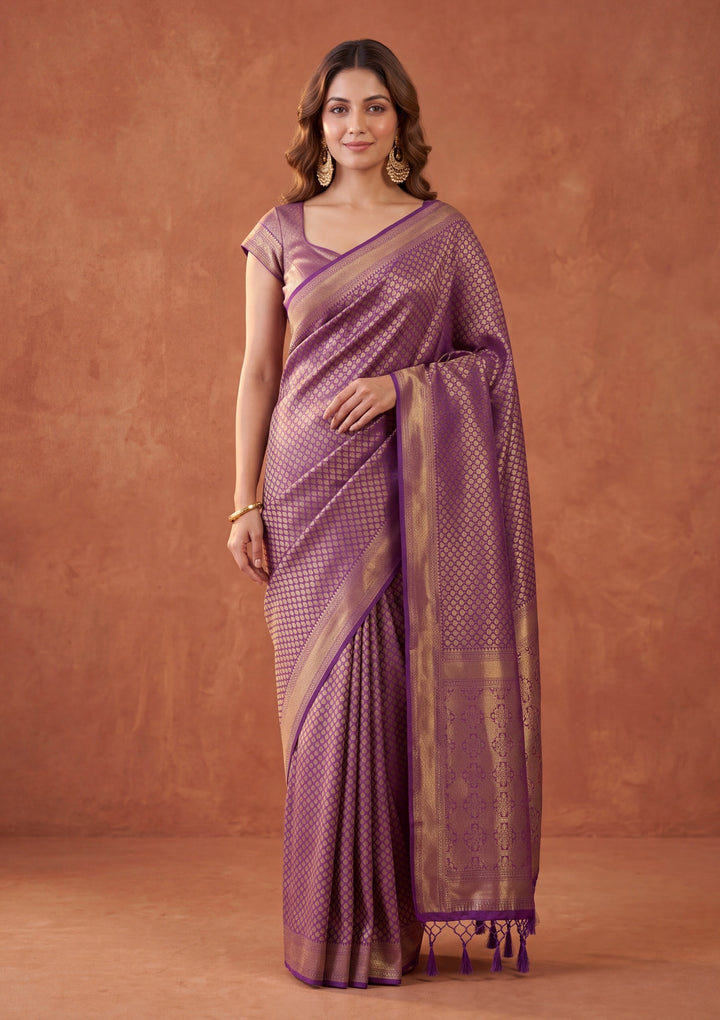 Purple Silk Jaal Saree With Matching Blouse Piece