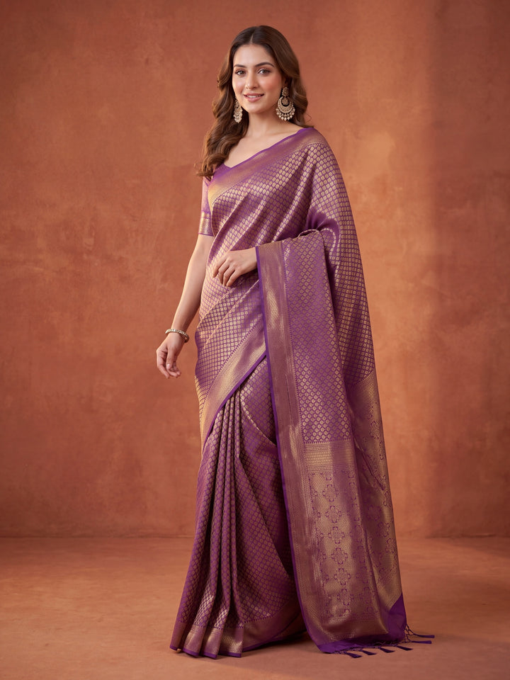 Purple Silk Jaal Saree With Matching Blouse Piece