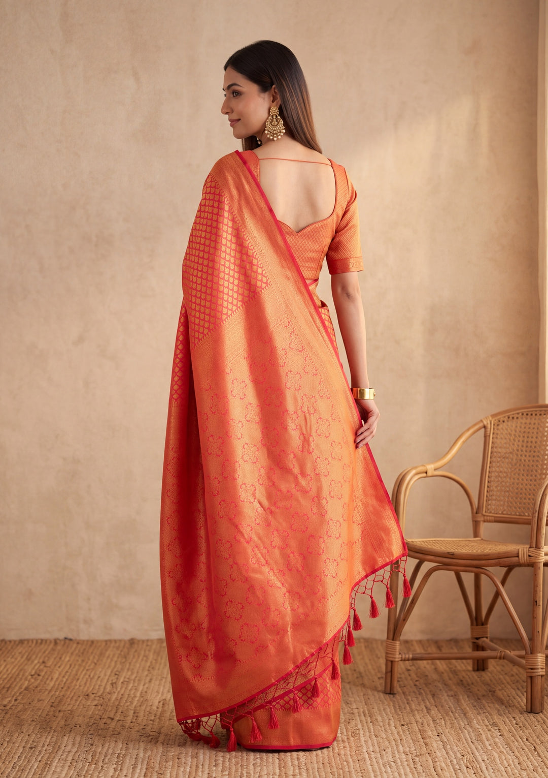 Red Silk Jaal Saree With Matching Blouse Piece