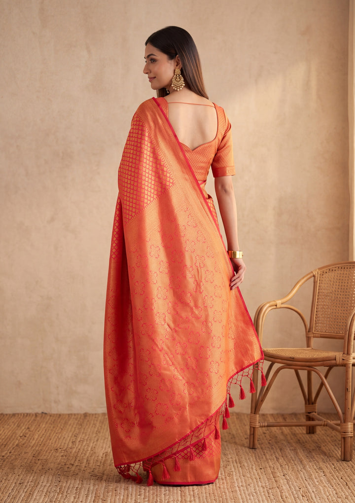 Red Silk Jaal Saree With Matching Blouse Piece