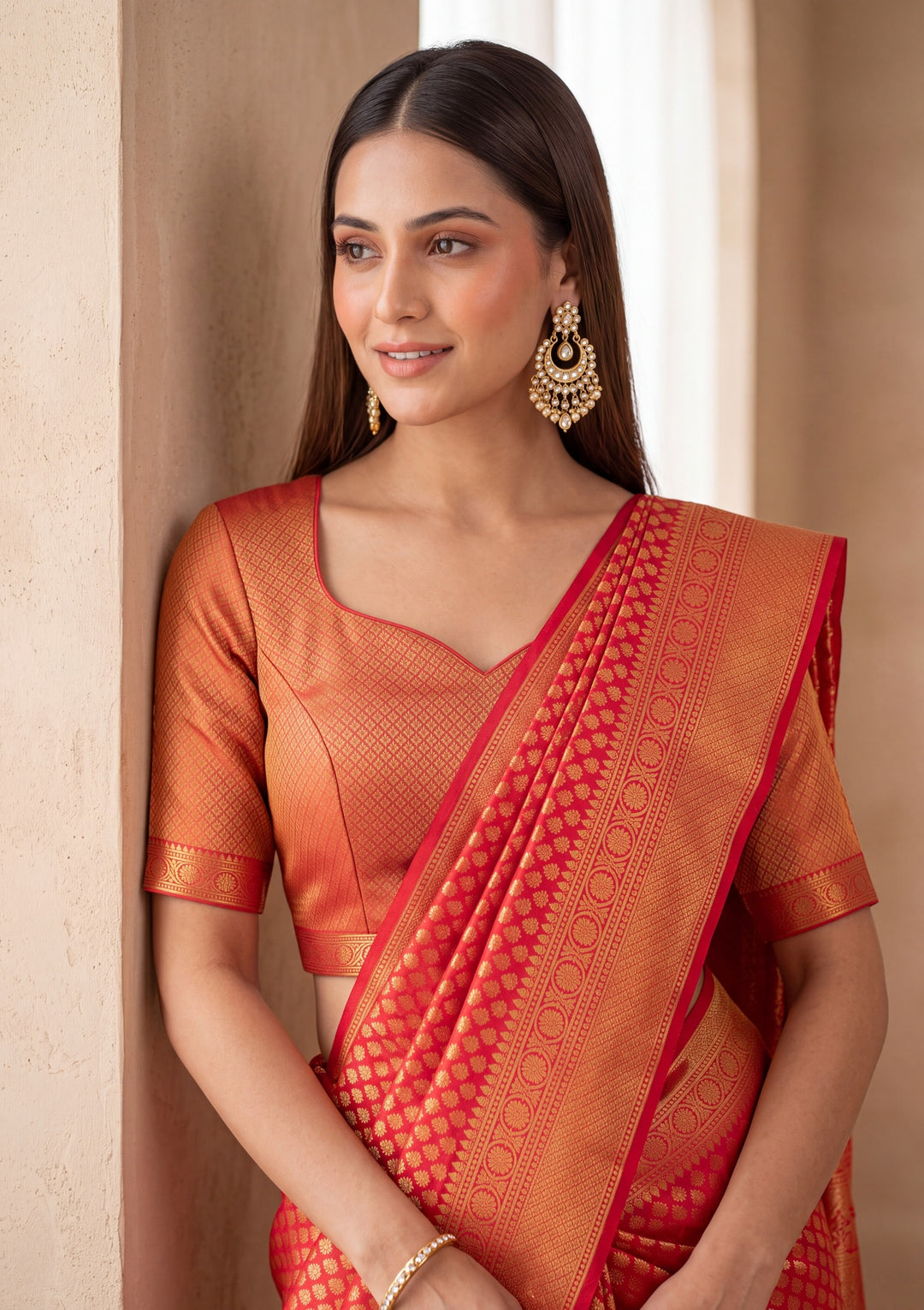 Red Silk Jaal Saree With Matching Blouse Piece