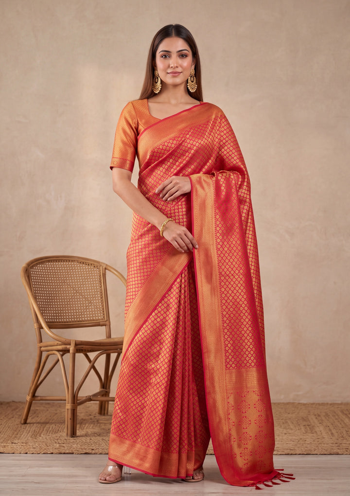 Red Silk Jaal Saree With Matching Blouse Piece