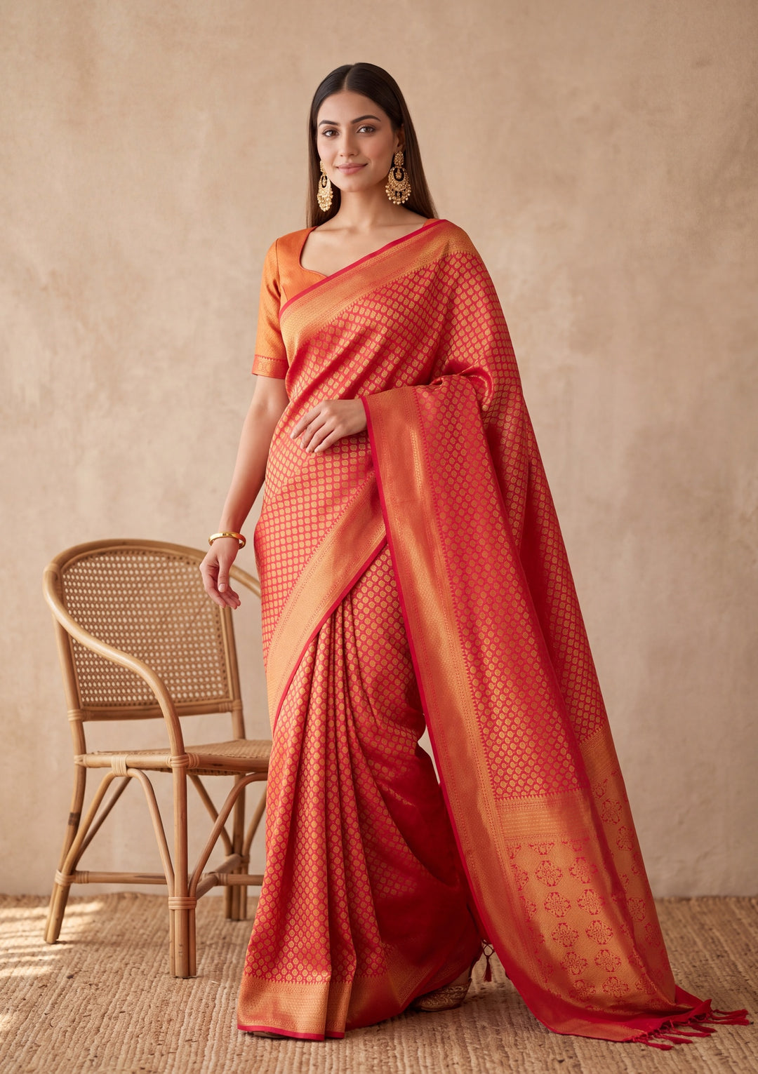 Red Silk Jaal Saree With Matching Blouse Piece