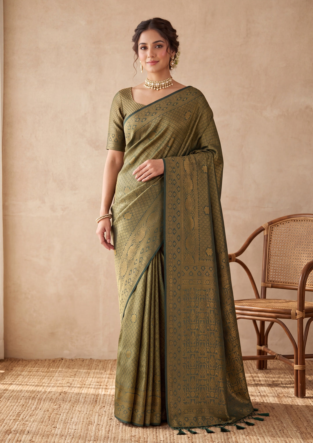 Bottle Green Silk Jaal Saree With Matching Blouse Piece