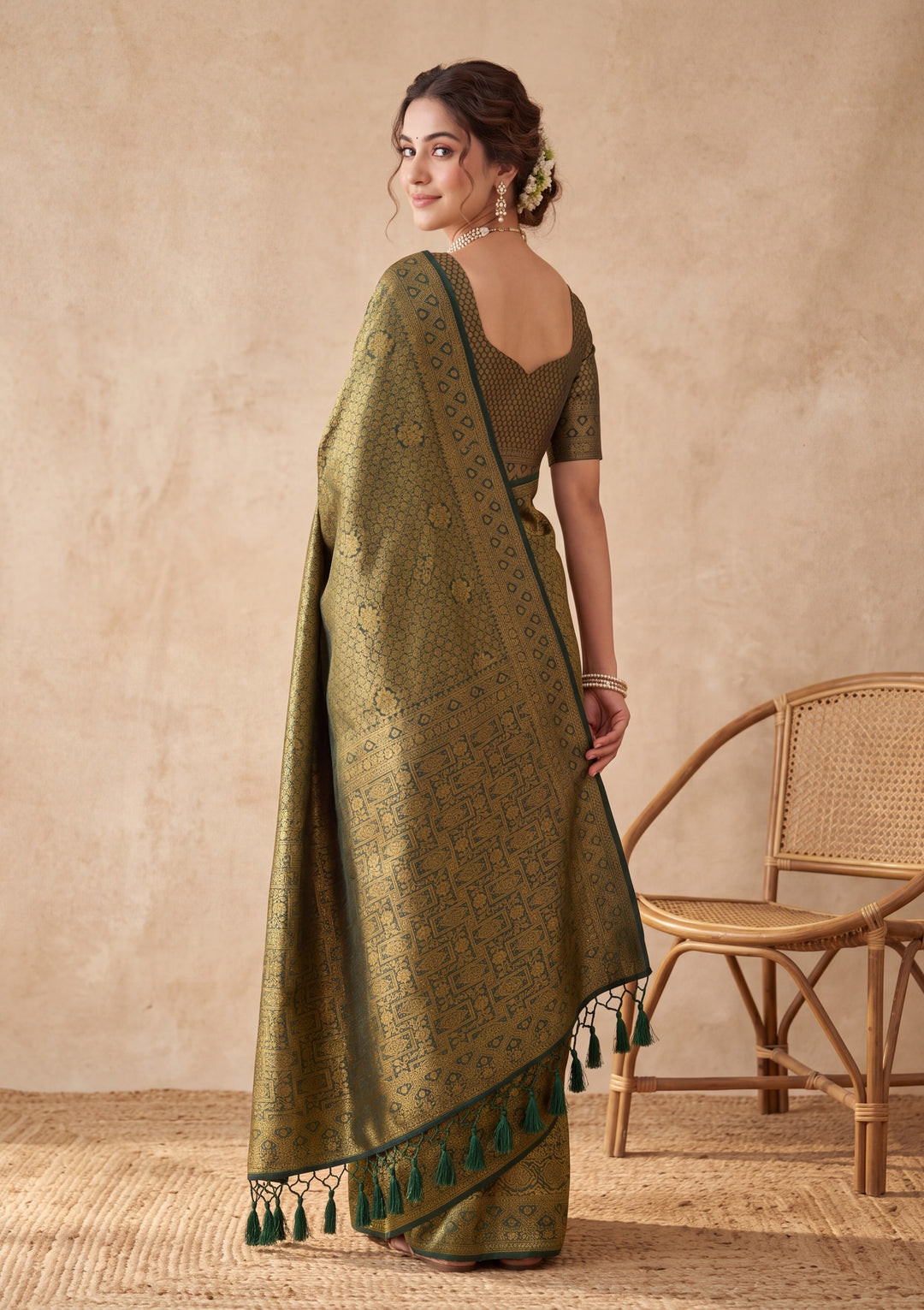 Bottle Green Silk Jaal Saree With Matching Blouse Piece