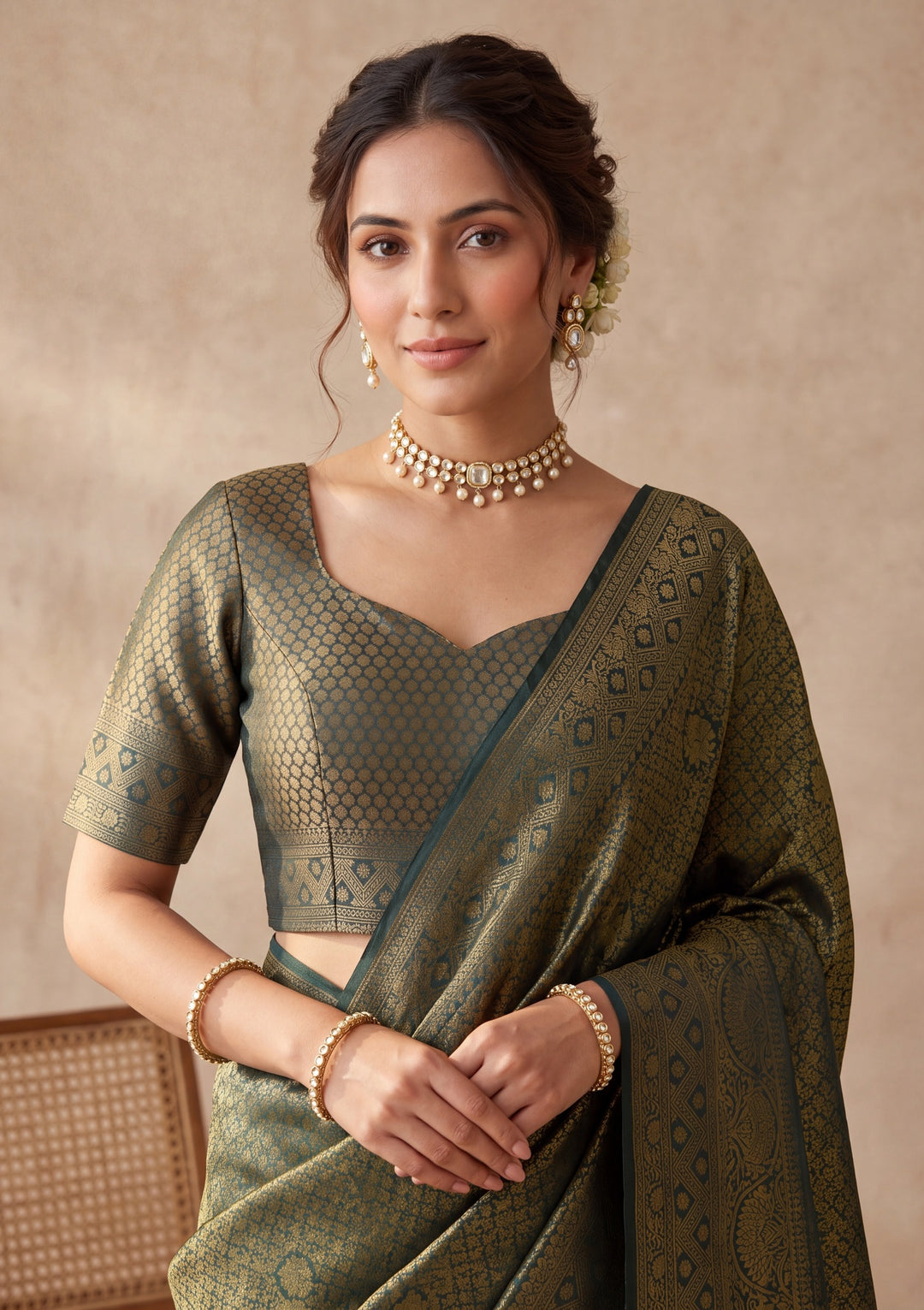 Bottle Green Silk Jaal Saree With Matching Blouse Piece