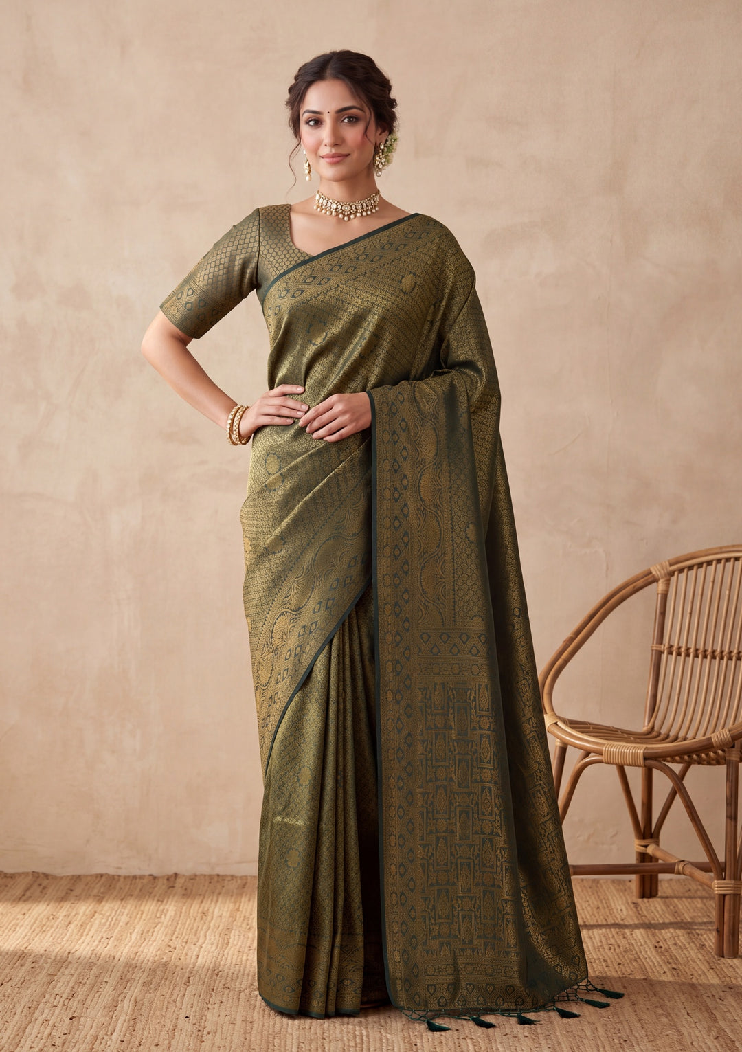 Bottle Green Silk Jaal Saree With Matching Blouse Piece