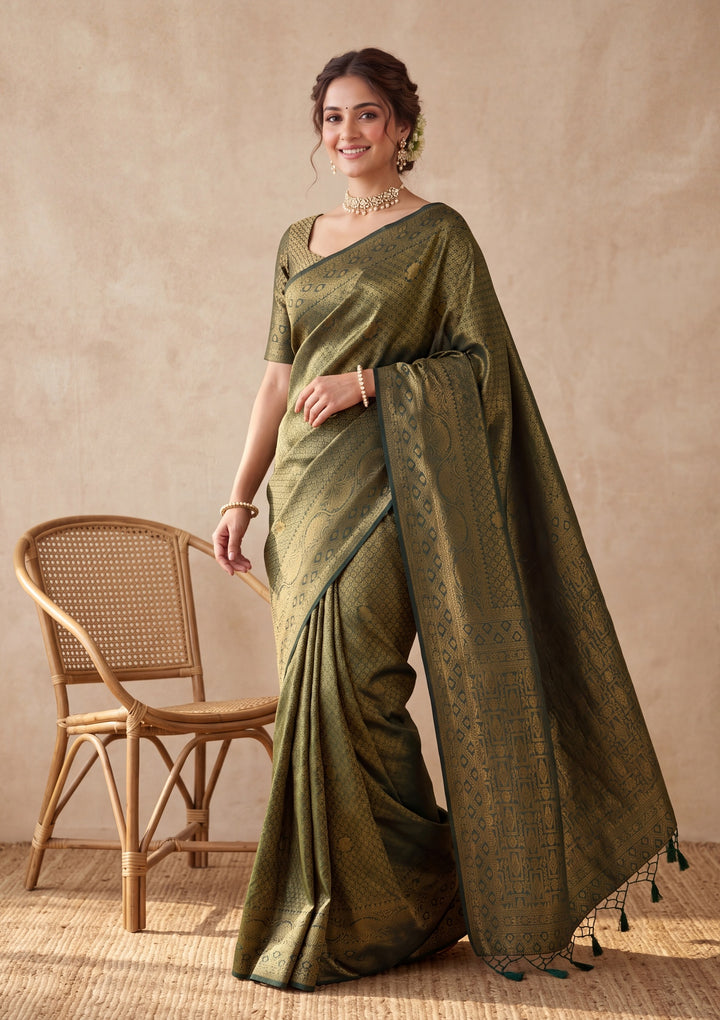 Bottle Green Silk Jaal Saree With Matching Blouse Piece