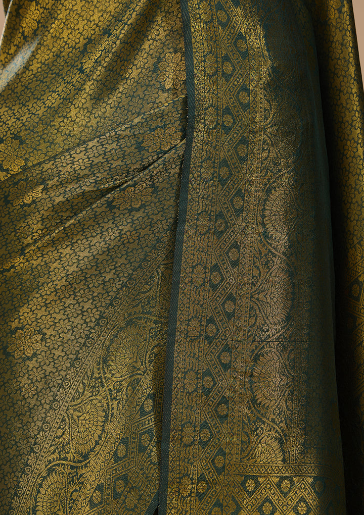 Bottle Green Silk Jaal Saree With Matching Blouse Piece
