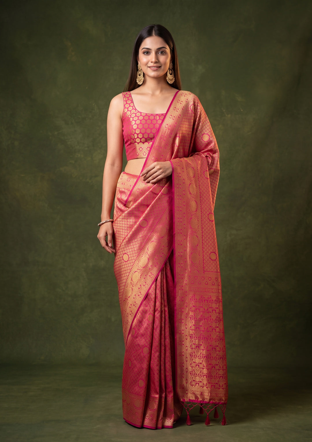 Rani Pink Art Silk Jaal Saree With Matching Blouse Piece