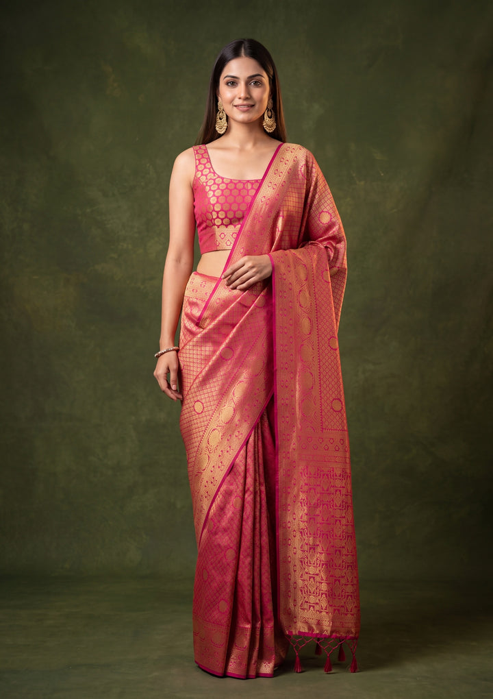 Rani Pink Art Silk Jaal Saree With Matching Blouse Piece