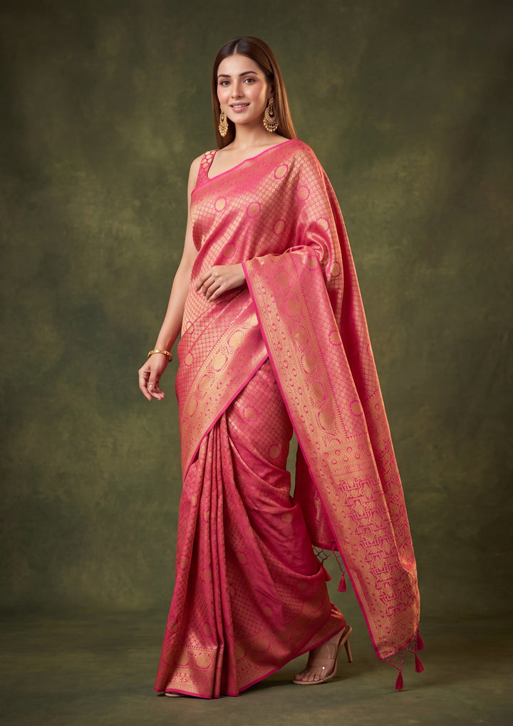 Rani Pink Art Silk Jaal Saree With Matching Blouse Piece