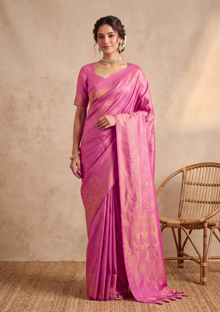 Baby Pink Art Silk Kanjivaram Jaal Saree With Matching Blouse Piece
