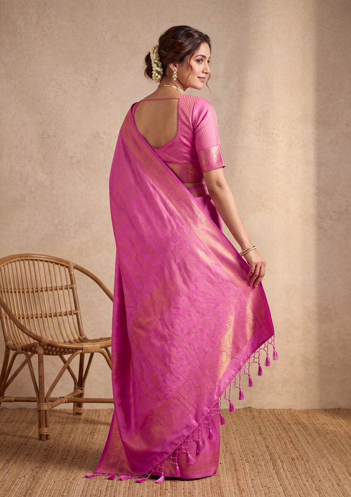 Baby Pink Art Silk Kanjivaram Jaal Saree With Matching Blouse Piece