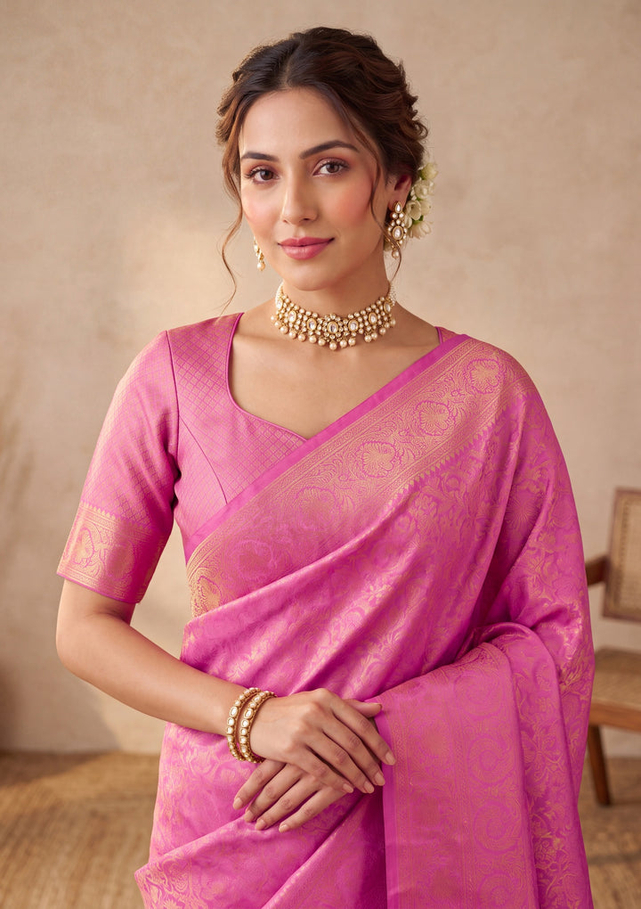 Baby Pink Art Silk Kanjivaram Jaal Saree With Matching Blouse Piece