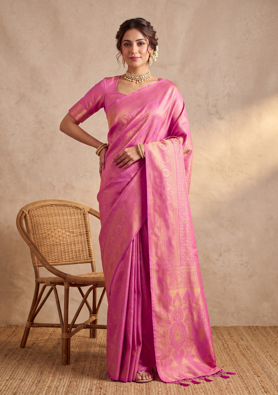 Baby Pink Art Silk Kanjivaram Jaal Saree With Matching Blouse Piece