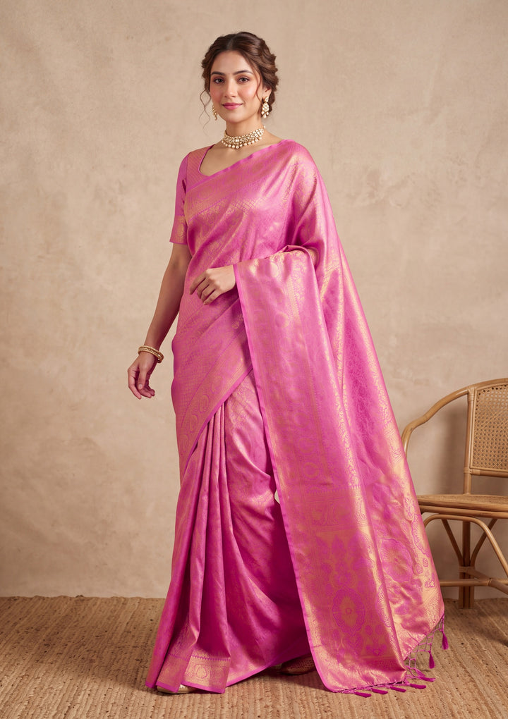 Baby Pink Art Silk Kanjivaram Jaal Saree With Matching Blouse Piece