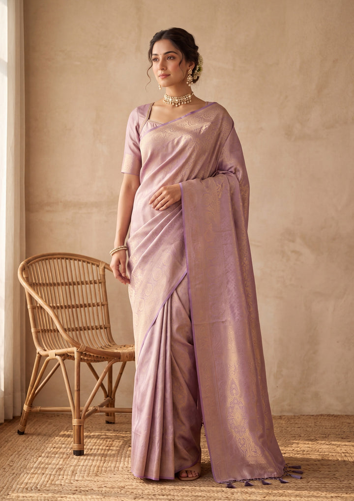 Lavender Silk Jaal Saree With Matching Blouse Piece