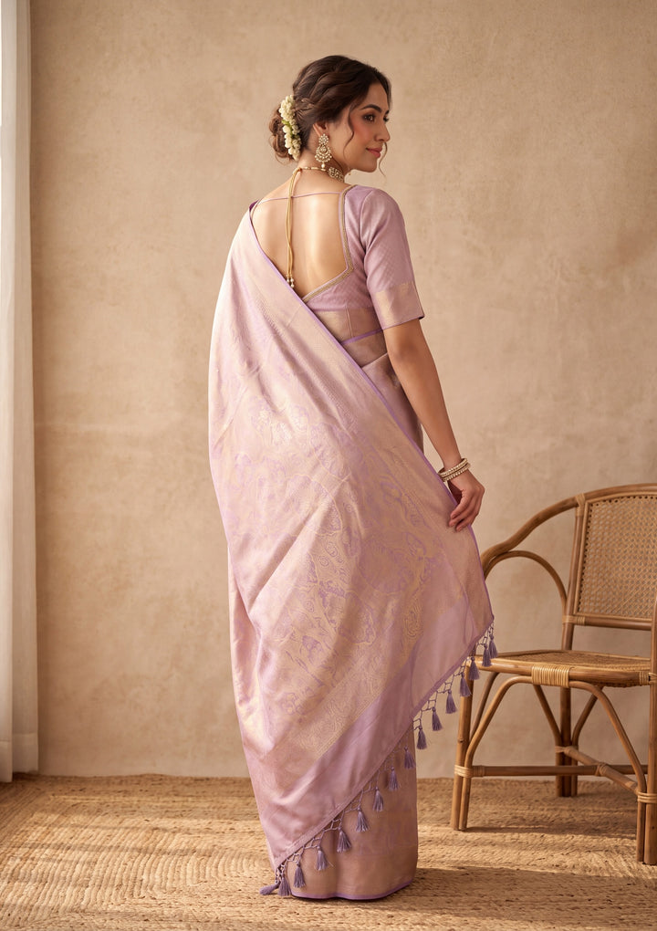 Lavender Silk Jaal Saree With Matching Blouse Piece