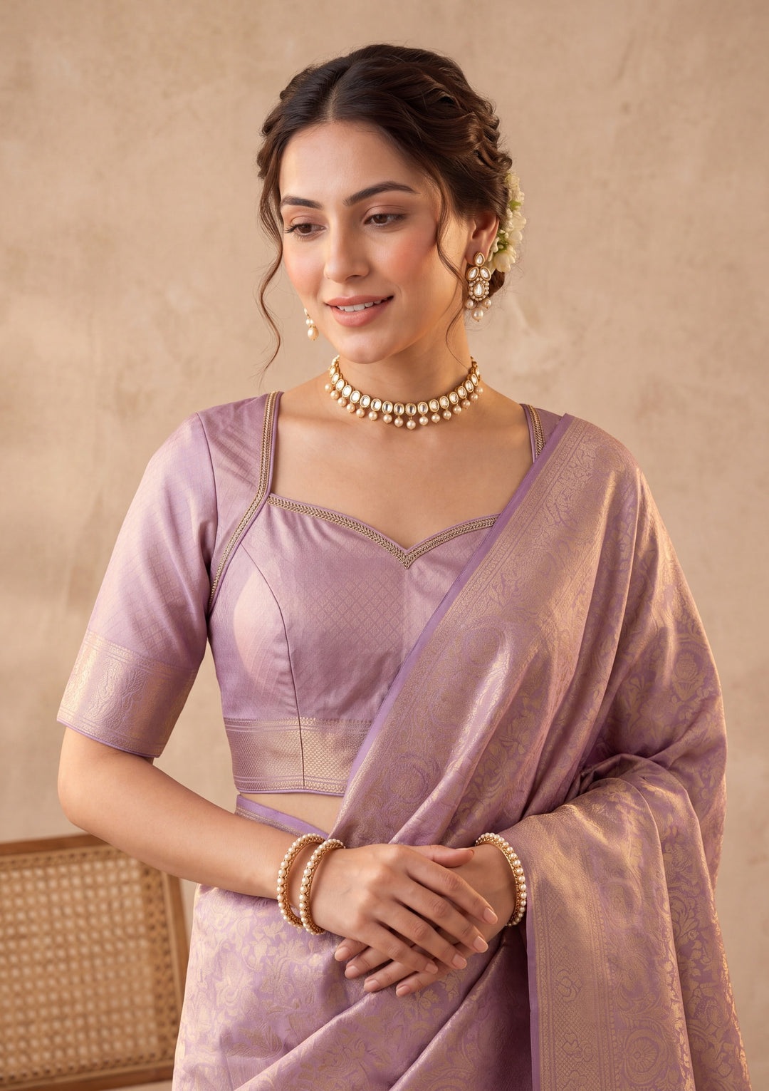 Lavender Silk Jaal Saree With Matching Blouse Piece