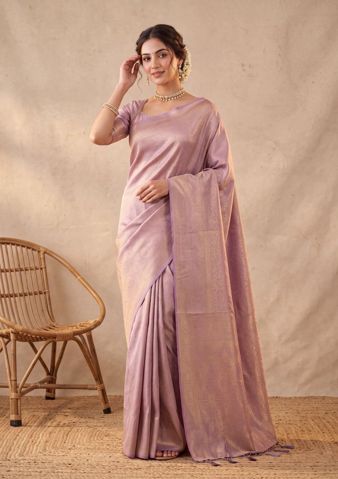 Lavender Silk Jaal Saree With Matching Blouse Piece