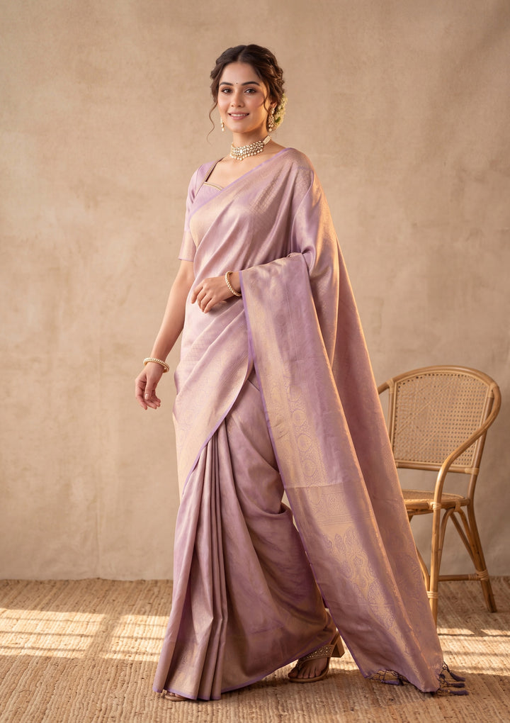 Lavender Silk Jaal Saree With Matching Blouse Piece