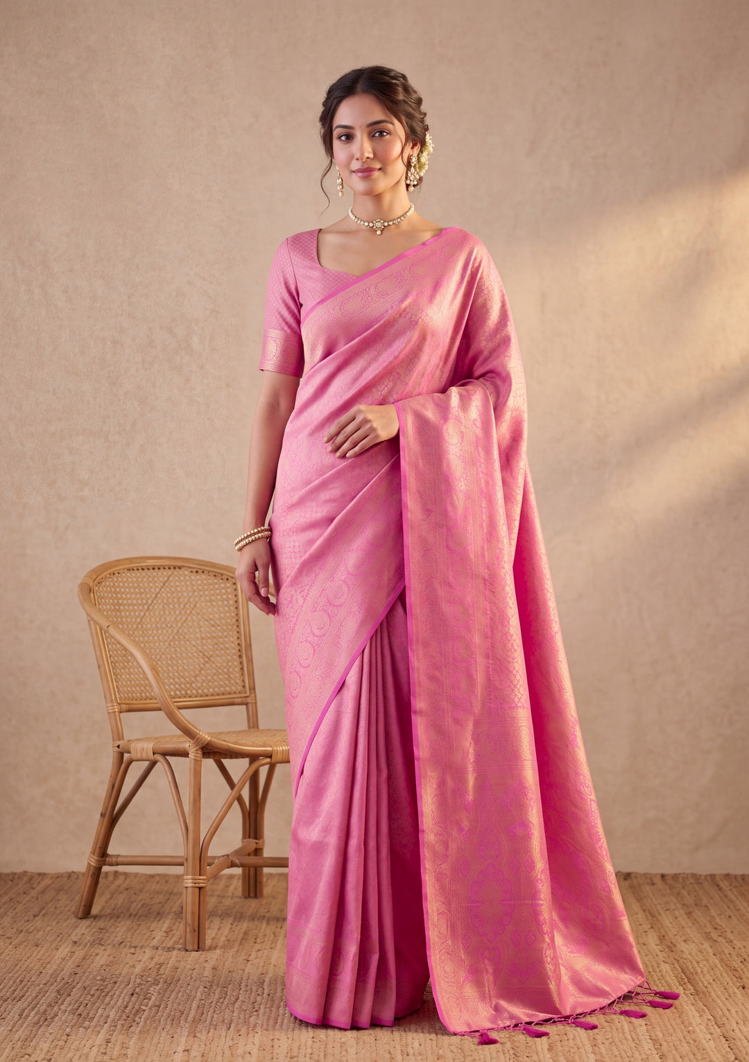 Pink Art Silk Kanjivaram Jaal Saree With Matching Blouse Piece