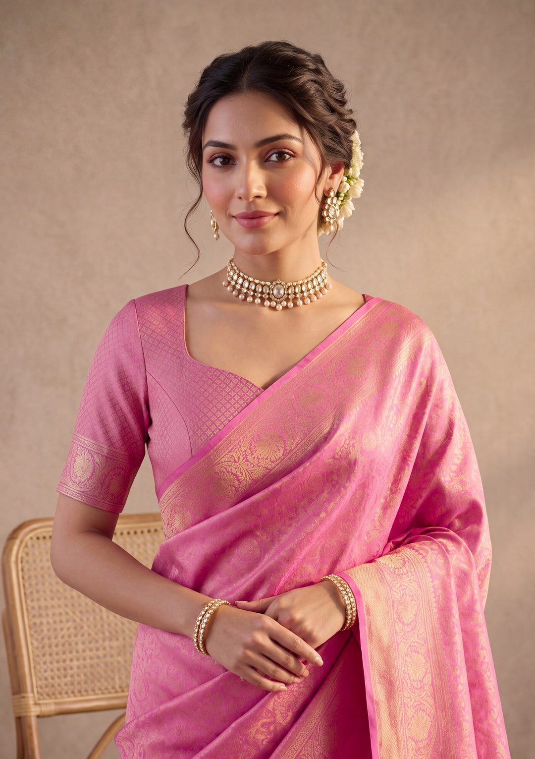 Pink Art Silk Kanjivaram Jaal Saree With Matching Blouse Piece