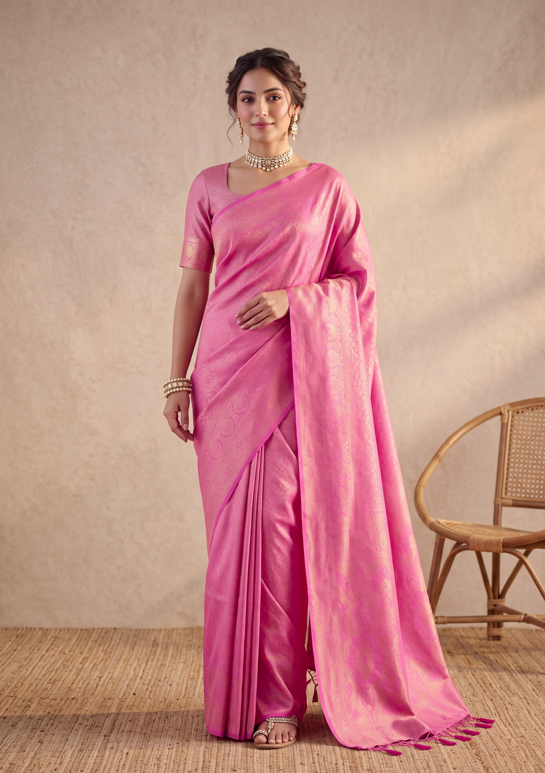 Pink Art Silk Kanjivaram Jaal Saree With Matching Blouse Piece