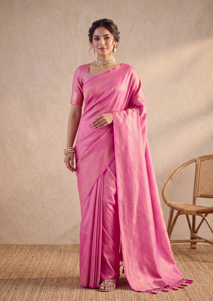 Pink Art Silk Kanjivaram Jaal Saree With Matching Blouse Piece