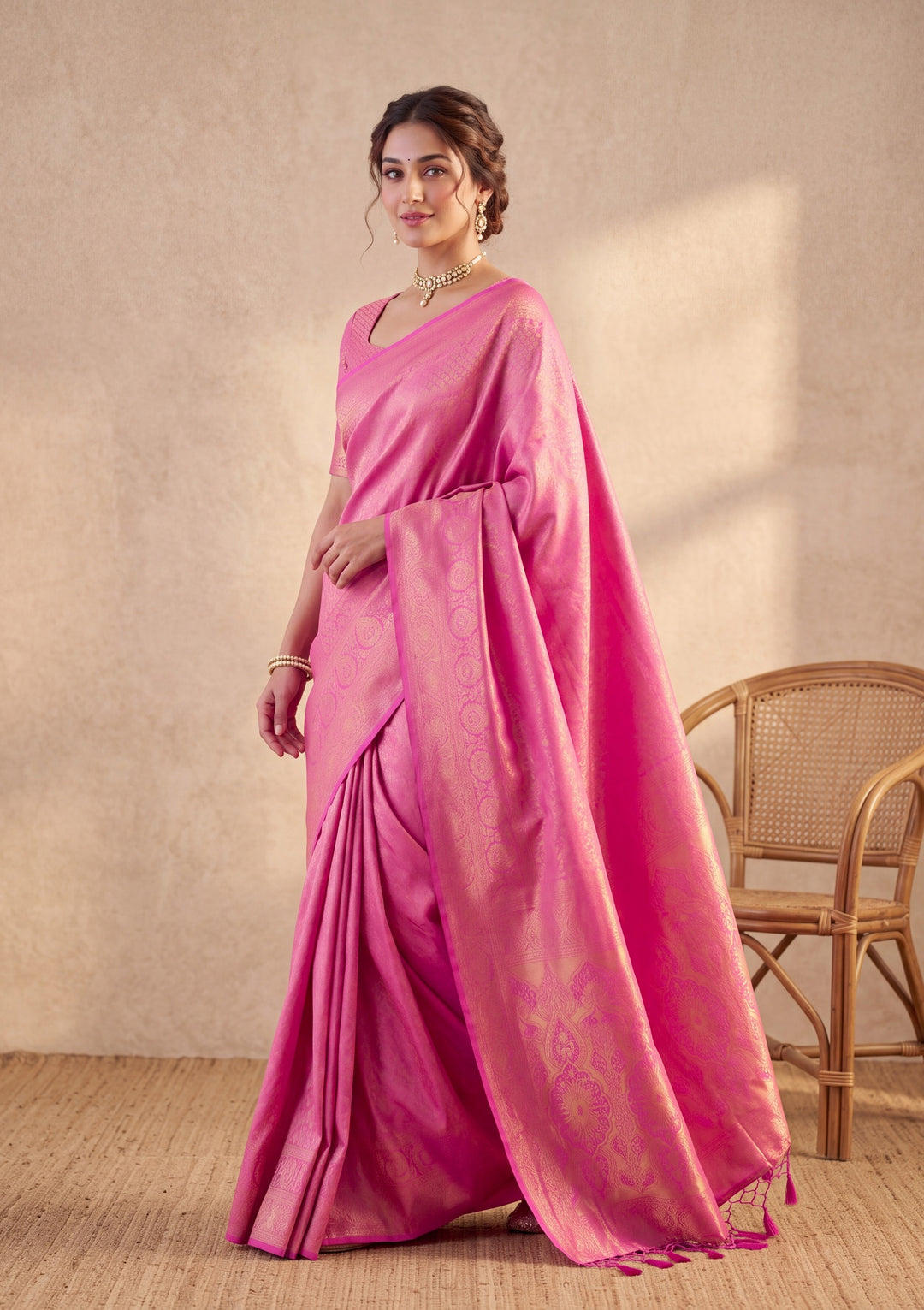Pink Art Silk Kanjivaram Jaal Saree With Matching Blouse Piece