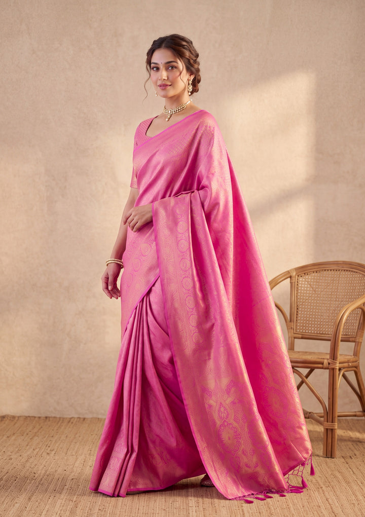 Pink Art Silk Kanjivaram Jaal Saree With Matching Blouse Piece