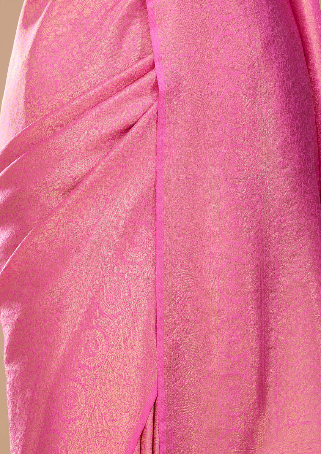 Pink Art Silk Kanjivaram Jaal Saree With Matching Blouse Piece