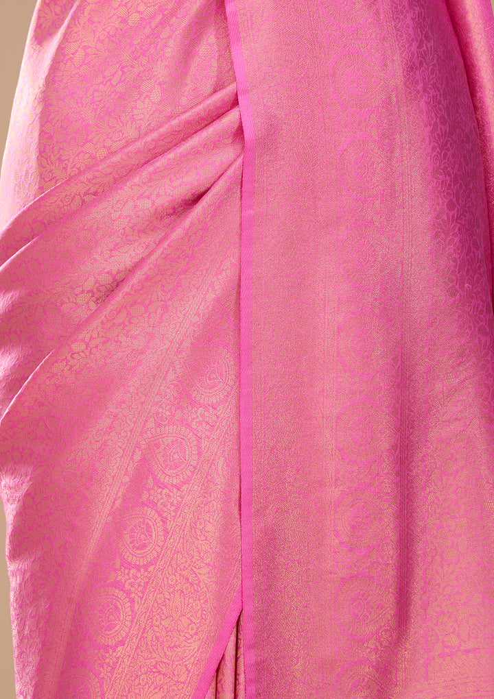 Pink Art Silk Kanjivaram Jaal Saree With Matching Blouse Piece