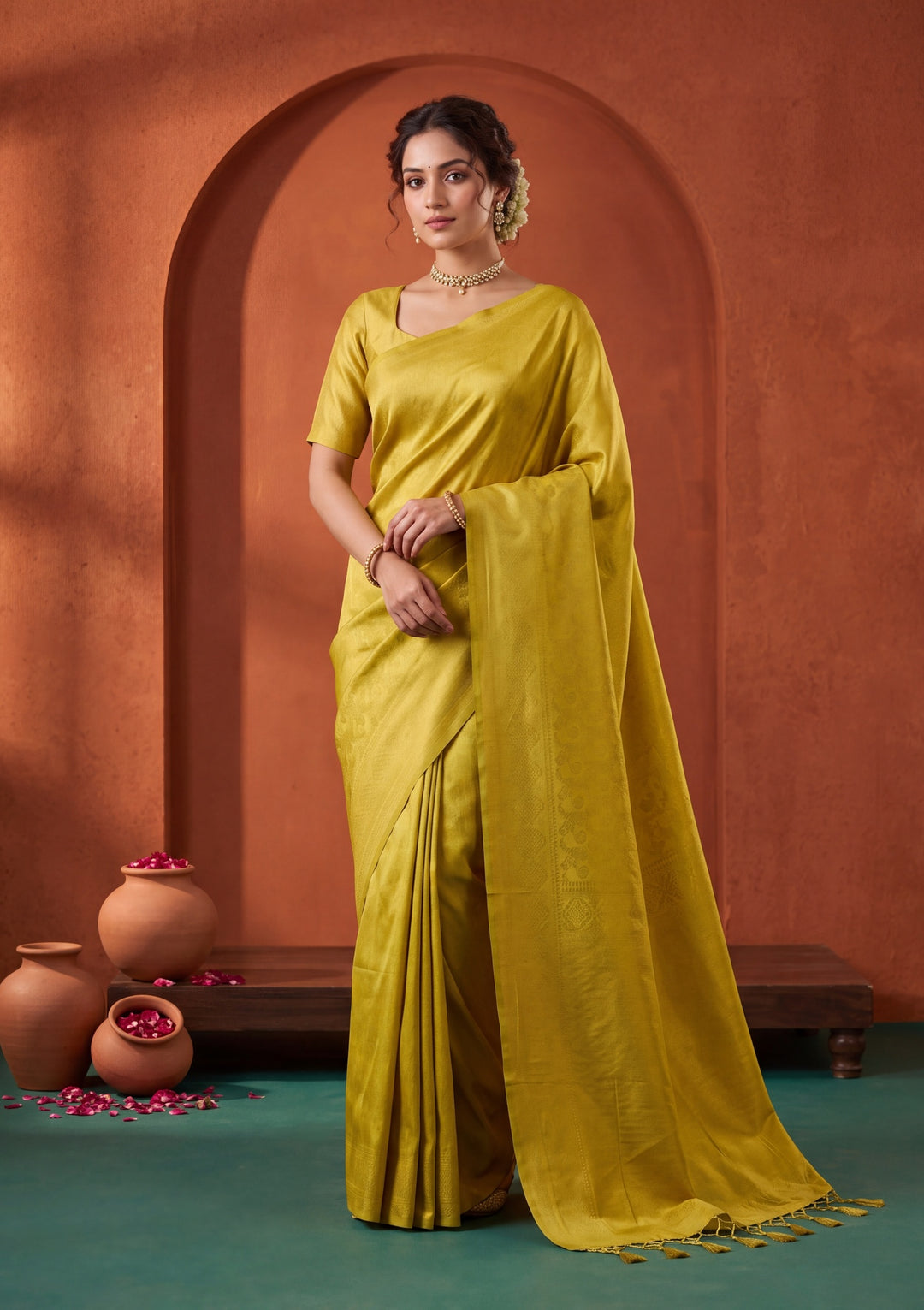 Lime Green Silk Saree With Matching Blouse Piece