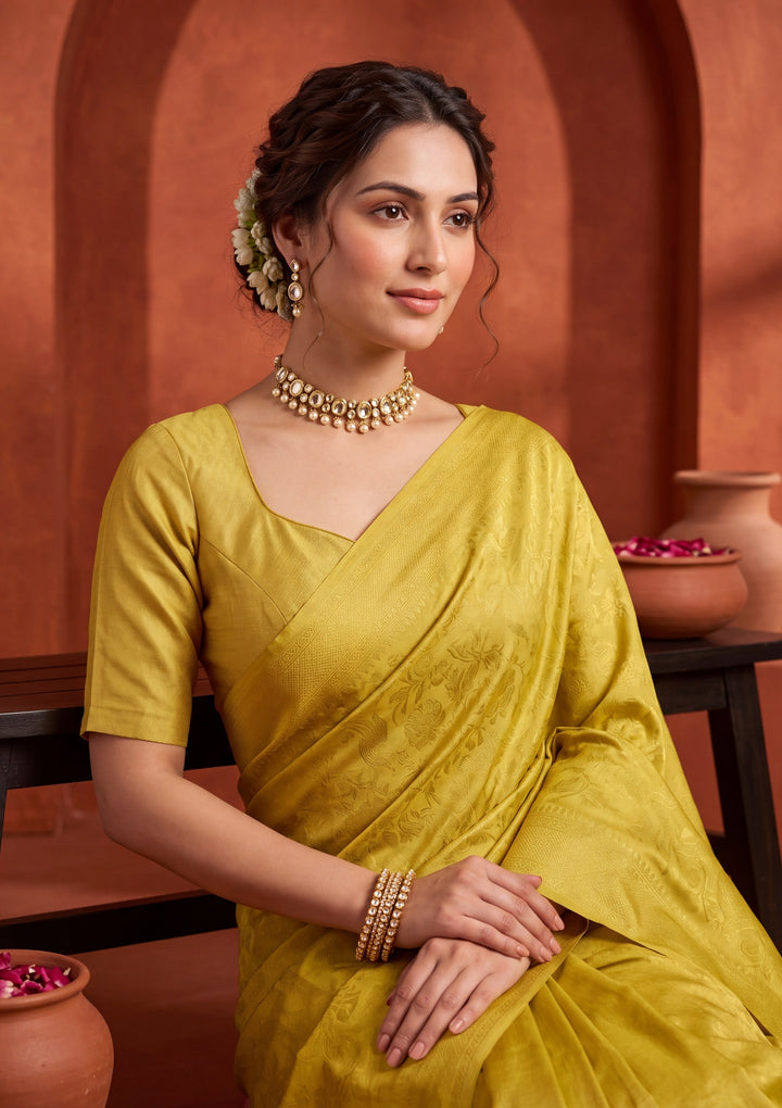 Lime Green Silk Saree With Matching Blouse Piece
